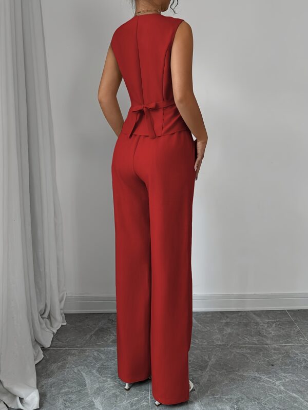 Women'S Elegant Sleeveless V-Neck Waist Tie Front Vest and Straight Leg Pants Set - Solid Color, High-Waisted Wide-Leg Pants with Button Details, Perfect for Spring/Summer Commute or Casual Outings, Versatile Fashion | Sleek Modern Look | Button Detailing - Image 18