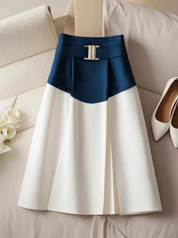 Elegant Color-Block Skirt with Belt - High-Waisted, Flowing Design, Polyester Blend, Perfect for All Seasons - Chic Suit Skirt for Women, Office or Casual Wear - Image 3