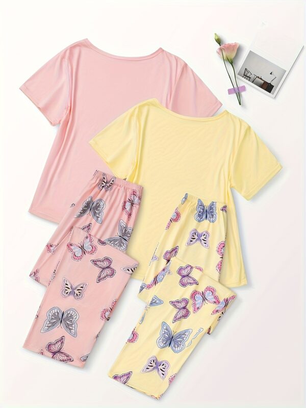 2pcs Casual Butterfly Print Pajama Set, Round Neck Short Sleeve Top and Elastic Pants, Women's Sleepwear - Image 4