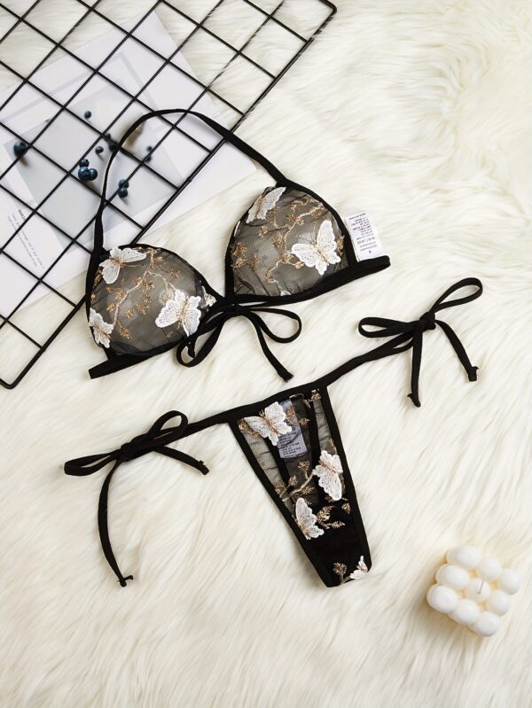 Y975 Butterfly Embroidery Mesh Lingerie Set - Sexy Drop Waist Thong with Golden & White Butterfly Design, Light Support, No Padding, Adult Women'S Fashion, Elegant Lingerie|Butterfly Print|Elastic Fabric - Image 7