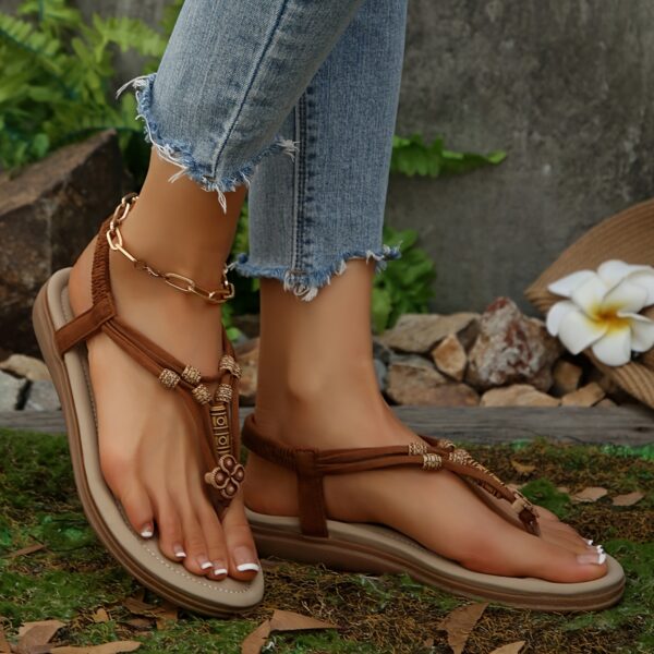 Women's Elegant Boho Chic Flat Sandals - Elastic T-Strap Slippers, Open Toe, White Braided Design, Comfortable for Casual Wear, Strappy Sandals - Image 22