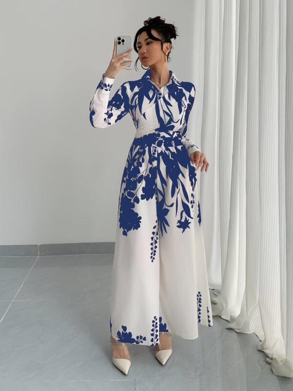 Women's leaf print shirt collar jumpsuit, long sleeve tie waist jumpsuit - Image 3