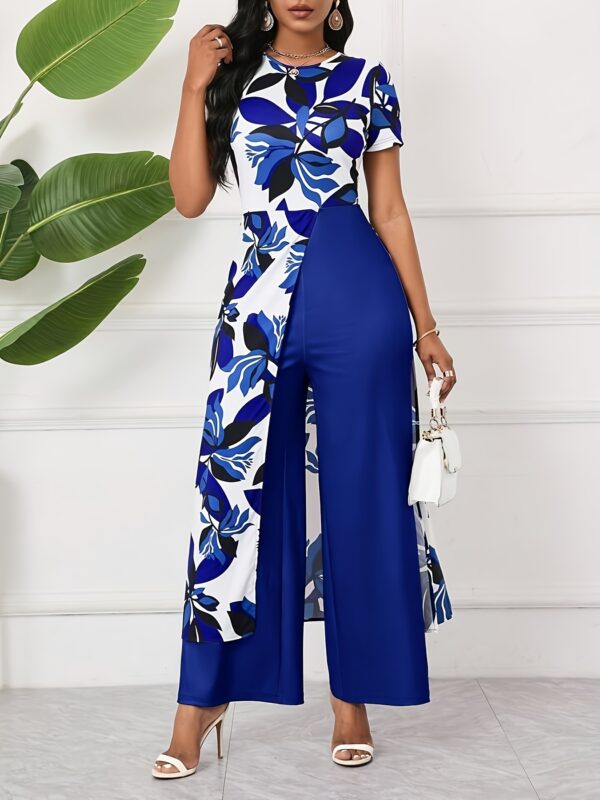 Elegant Floral Print Jumpsuit with Zipper Detail - Sleeveless, Short, Blue & White, Perfect for Spring/Summer Parties, Festivals, and Casual Attire, Casual Attire|Floral Print Jumpsuit|Zipper Detail