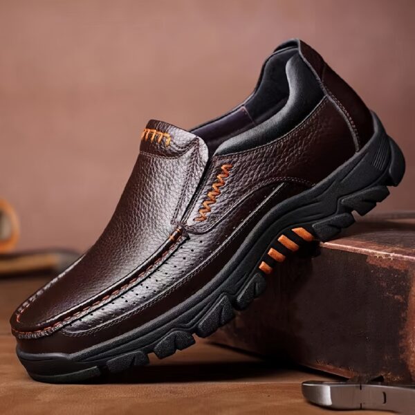 Men's Genuine Leather Slip-On Dress Shoes for Fathers Age 40-50 - Slip-Resistant Rubber Sole, Round Toe Comfort, All-Season Casual & Business Casual Shoes (Brown, Size Up to 50), Versatile Footwear | Side Zipper Design | Durable Footwear