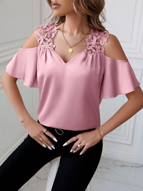 Women'S Off-Shoulder Lace Trim Blouse - Pink V-Neck Short Sleeve Shirting Top with Contrast Lace Detail, Summer Fashion for Adults, Adult Fashion Top | Lace Detailing | Vneck Collar, Lace Blouse - Image 19