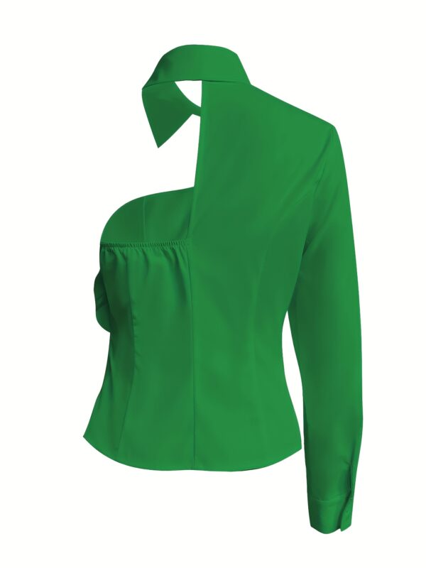 Elegant Women's Blouse with Ruffled Neckline & 3/4 Sleeves - Lightweight Pink Solid Color Shirt for Spring/Summer, Hand Wash Only, Non-Stretch Fabric, Versatile Casual to Formal Wear, Spring Fashion Top, Offshoulder Styling - Image 29
