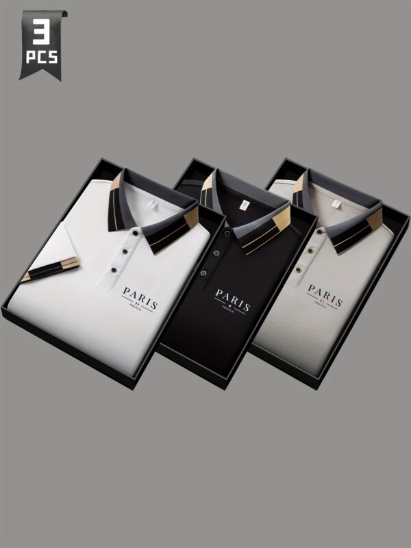3pcs Men'S Summer Solid Color Knit Button Classic Stand Collar Polo Shirt, Paris Letter Print, Simple Paul Polo Shirt, Suitable for Outdoor Golf Sports and Casual Daily Wear, Soft Texture Fabric, Men'S Gift