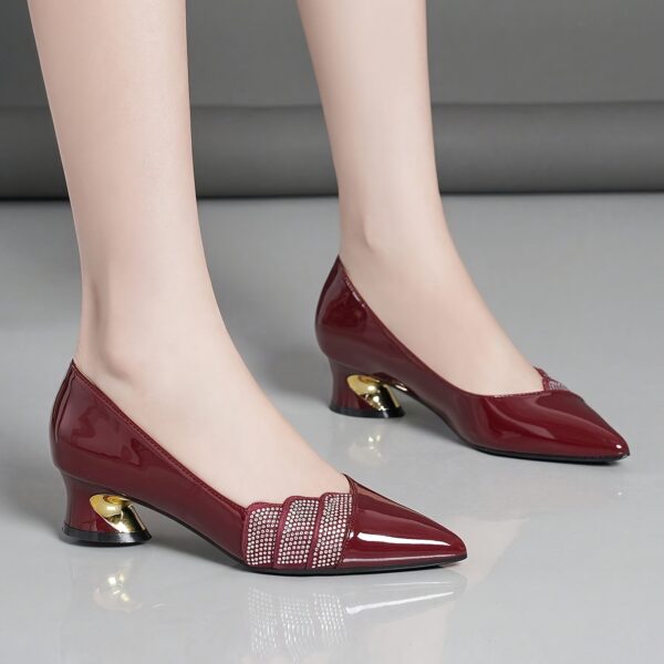 Women's Burgundy Pointed-Toe Block Heel Pumps - Comfortable Mid-Heel Dress Shoes with Decorative Bow Detail, Glossy Synthetic Cover & Non-Slip Rubber Sole for Autumn Office & Formal Events, High Heel Shoes, Event Footwear, Durable Grip Footwear - Image 4