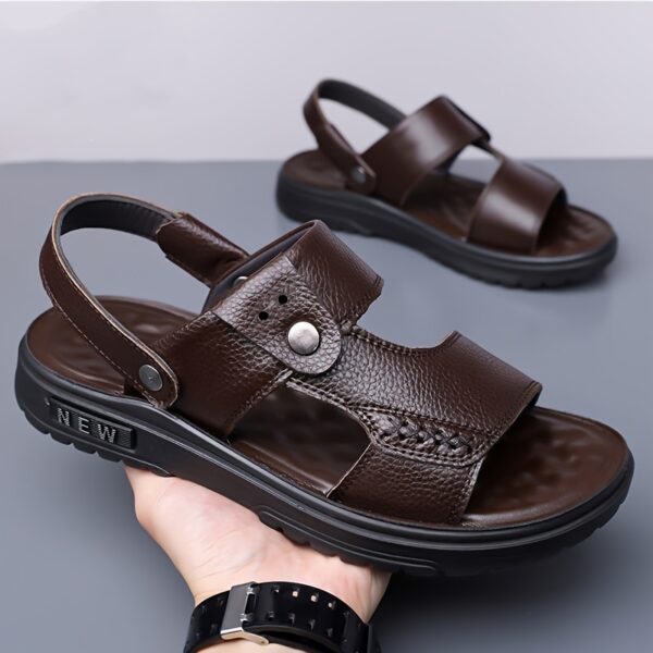 Men's Genuine Leather Sandals - Slip-On Open-Toe Beach Shoes with Non-Slip PU Sole, Brown Casual Summer Footwear for Pool, Vacation, Everyday - Durable & Easy-Clean Mens Sandals, Vacation Footwear, Sleek Strap Design, Breathable Material, Poolside Footwear, Minimalist Design, Outdoor Enthusiasts - Image 4