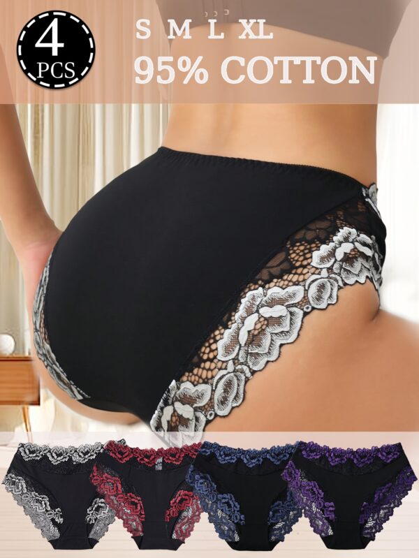 4-pack Women's mid-rise briefs, elegant lace flower design, breathable and lightweight, Cotton comfortable stretch briefs, sizes S-XL - Image 4