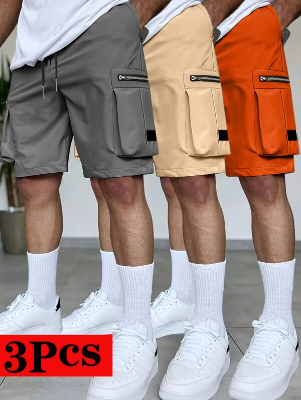 3pcs Men'S Summer Cargo Shorts Set, Loose Straight-Leg Multi-Color with Multiple Pockets, Zippered Pockets Elastic Waist Outdoor Casual Sports Shorts