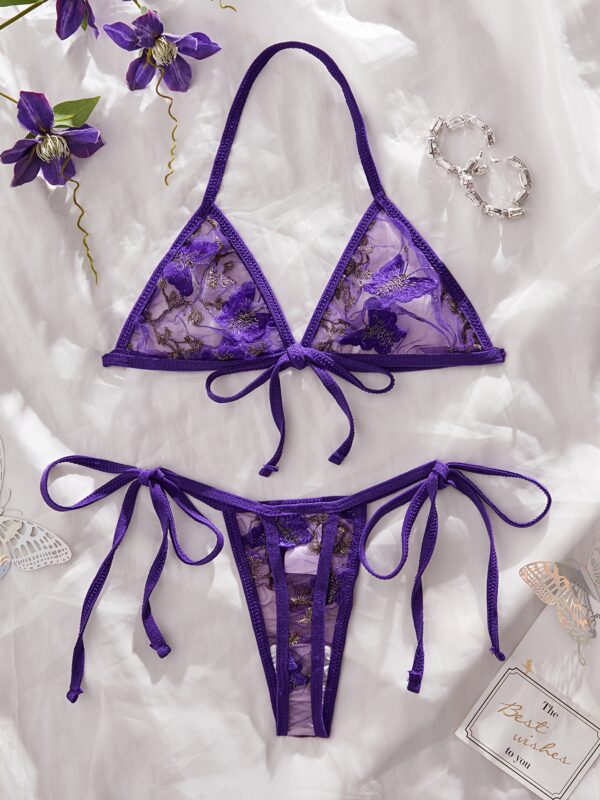 Y975 Butterfly Embroidery Mesh Lingerie Set - Sexy Drop Waist Thong with Golden & White Butterfly Design, Light Support, No Padding, Adult Women'S Fashion, Elegant Lingerie|Butterfly Print|Elastic Fabric - Image 8