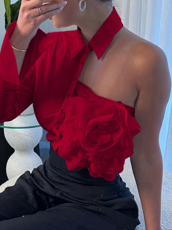 Elegant Women's Blouse with Ruffled Neckline & 3/4 Sleeves - Lightweight Pink Solid Color Shirt for Spring/Summer, Hand Wash Only, Non-Stretch Fabric, Versatile Casual to Formal Wear, Spring Fashion Top, Offshoulder Styling - Image 12