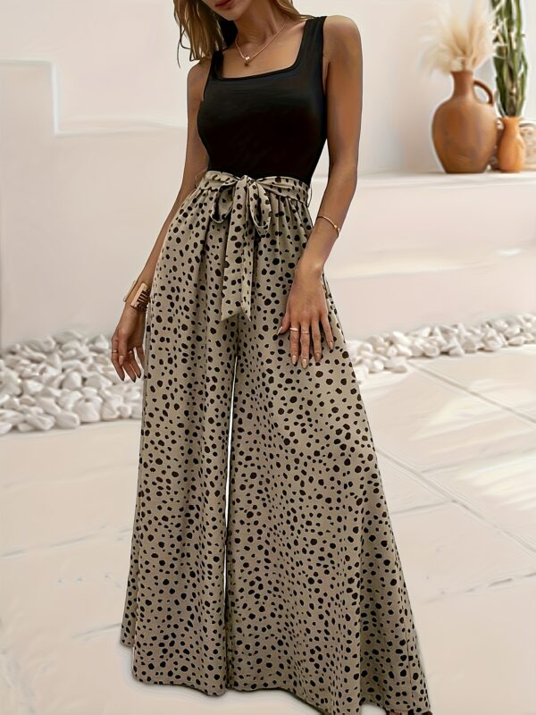 Women'S Sleeveless Wide-Leg Jumpsuit with Tie Waist - Green Polka Dot Print, Square Neck, Flowy Design for All Seasons, Polyester Fabric, Casual Chic Style, Wide Leg Pants for Mature Wome - Image 10