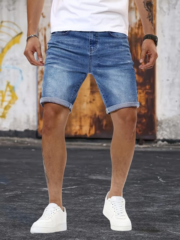 1pc Men'S Mid-Rise Slim-Fit Denim Shorts - Washed Blue Casual Street Style, Knee-Length with Pockets, Comfortable for Daily Wear, Everyday Shorts | Minimalist Fashion | Medium Stretch Fabric - Image 3