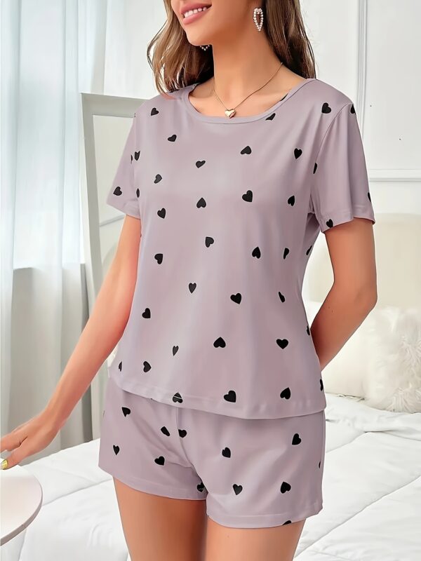 Women'S Elegant Pink Heart-Print Shorts Pajama Set - Polyester Knit Fabric, Short Sleeve Top & Shorts with Elastic Waistband, Perfect for All Seasons, Adult Sleepwear|Elegant Sleepwear|Polyester Fabric - Image 22