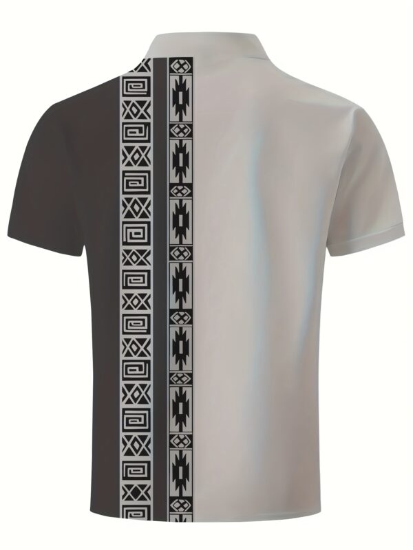 Men's Summer Casual Shirt - Ethnic Geometric Contrast Color Block Design, Asymmetrical Print, Stand-Up Collar & Button Detail, Breathable Short Sleeve for Business Casual & Casual Attire, Durable Fabric Tee, Machine Washable Top - Image 4