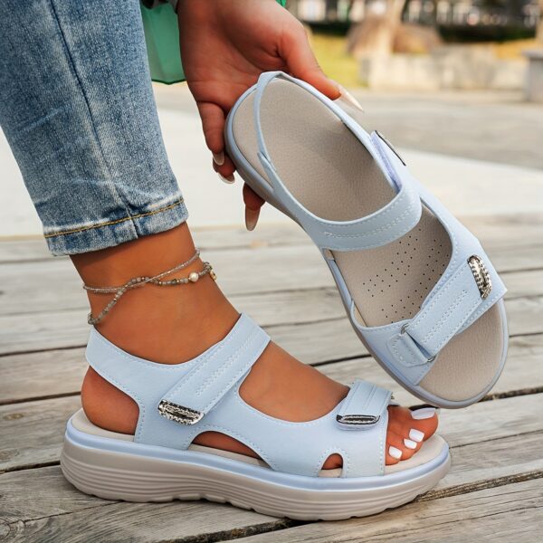 Women's Elegant Mary Jane Sandals - Adjustable Hook-and-Loop Ankle Strap, Breathable PU Cover Upper & Cushioned Insole, Comfortable Wedge Heel for Summer Beach, Casual & Outdoor Wear - Solid Color Design, Summer Beach Footwear | Open Toe Sandals | Adjustable Strap Sandals - Image 9