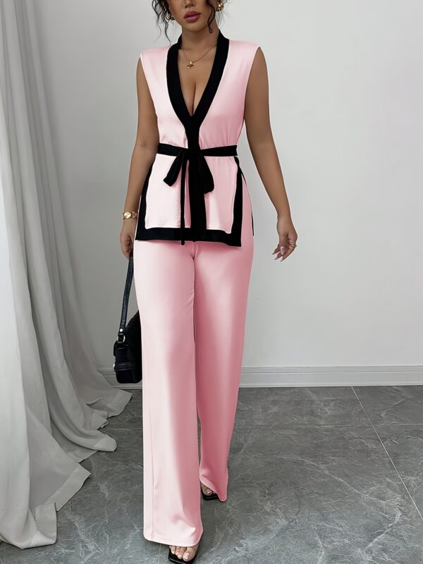 2pcs Elegant Women'S Sleeveless Crop Top & Wide-Leg Pants Set - Black & White Contrast, V-Neck Waistcoat with Belt, Perfect for Spring/Summer, Stylish Accessories|Contrast Detailing|Vneck Top, Ladies Fashion - Image 17