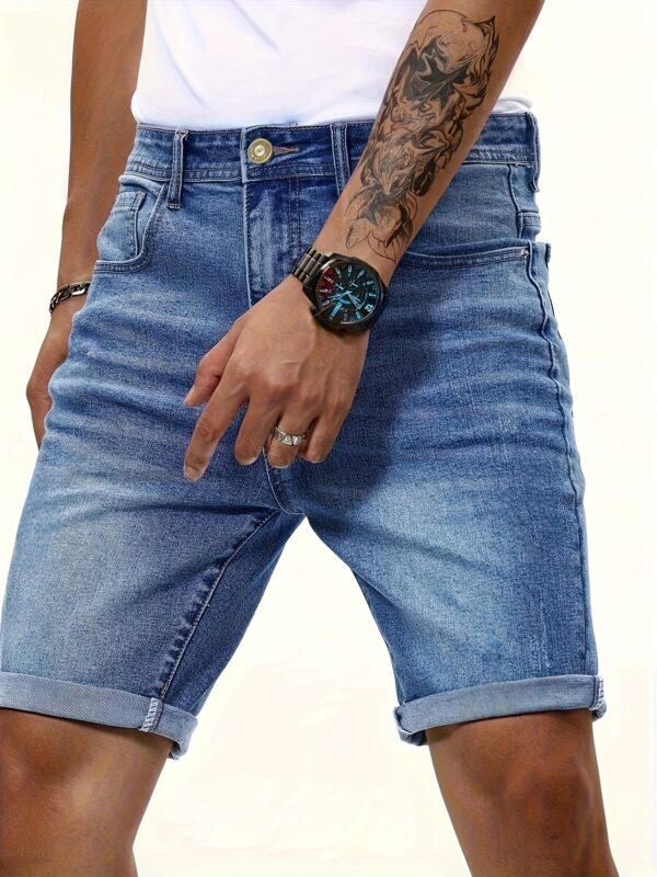 1pc Men'S Mid-Rise Slim-Fit Denim Shorts - Washed Blue Casual Street Style, Knee-Length with Pockets, Comfortable for Daily Wear, Everyday Shorts | Minimalist Fashion | Medium Stretch Fabric