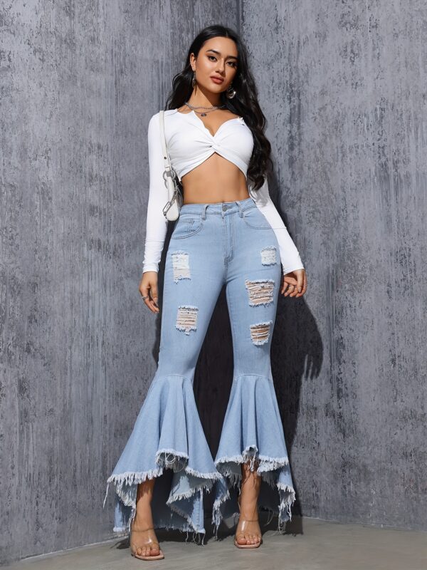 Ripped Raw Hem Flare Leg Bell Bottom Stylish Distressed Plain Washed Blue Elegant Jeans Denim Pants, Women's Denim Jeans & Clothing For Autumn - Image 7