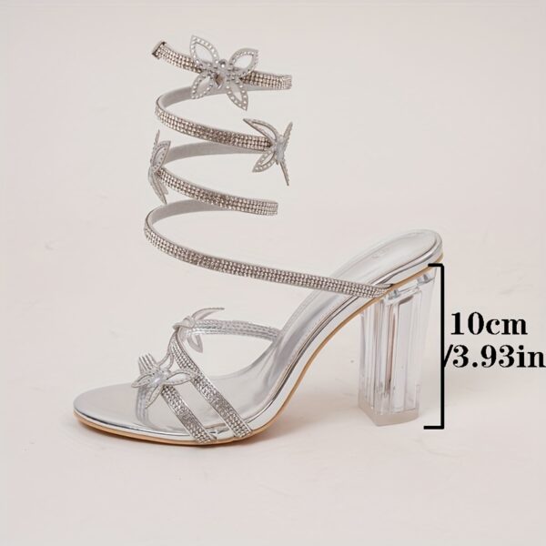 Elegant Women'S Snake Print Ankle Strap High Heel Sandals - Clear Block Heel, Crystal Embellishments, Round Toe, Microfiber Insole, Rubber Sole, Summer Fashion, Elegant Footwear | Crystal Embellished Sandals | Microfiber Insole - Image 9