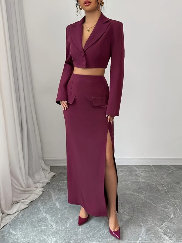 Premium Elegant Fashion Business/Office Suit in Purple Fabric, V-Neck with Fall Shoulder, Regular Sleeve Crop Top, High Waist with Fake Pockets, Straight Slit, New Women'S Suit Set for Spring And Autumn. - Image 5