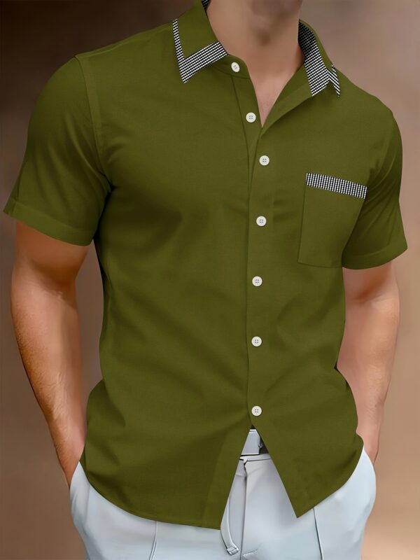 Men's Slim Fit Lightweight Business Casual Shirt with Collar, Short Sleeves, and Chest Pocket - Summer Wear in Beige with Gray Accents - Image 4