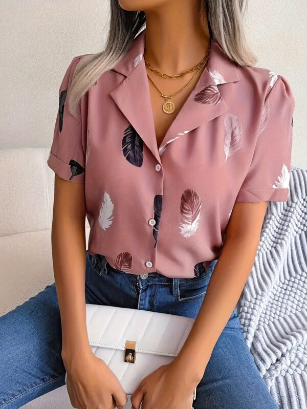 Women'S Vintage Print Short Sleeve Shirt, Polyester 100%, Regular Fit, Single Breasted, Turn- Lapel Collar, Woven Fabric, 120g/m², for Spring/Summer/Fall Outings - No Padding
