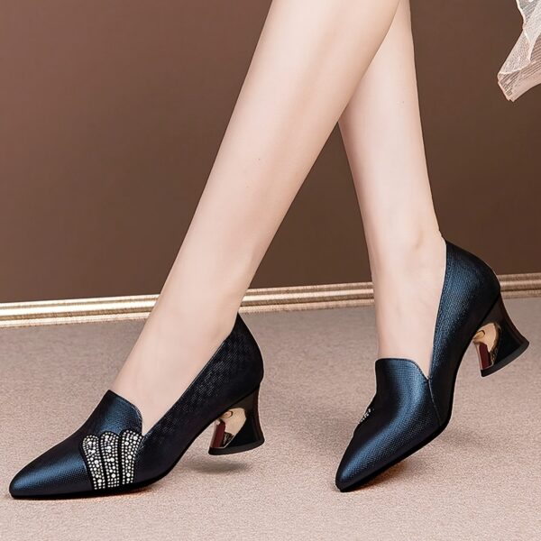 Women'S Elegant Deep Blue Pointed-Toe Block Heel Pumps with Sparkling Rhinestone Bow Detail - Mid-Heel Synthetic Cover Dress Shoes for Fall, Formal Events & Office Wear, Formal Footwear, Sophisticated Style, Durable Rubber Sole - Image 7