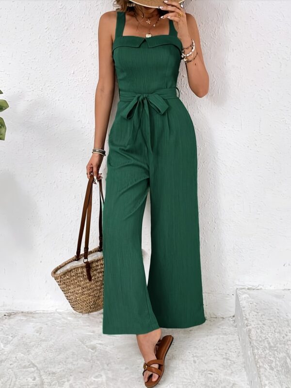 Women'S Solid Color Wide-Leg Jumpsuit - Sage Green, Strappy Back, Belted Waist, Sleeveless with Tie-Back Detail, Perfect for Summer Vacations, Casual to Formal Attire, Casual Attire|Tied Waist Jumpsuit|Strapless Jumpsuit - Image 6