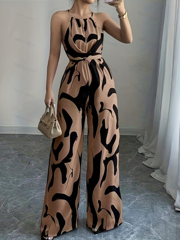 Women's Chic Halter Neck Jumpsuit with Brown & Black Abstract Print - Waist Tie Wide-Leg Pants, Machine Washable All-Season Versatile Outfit for Casual & Formal Events, Event Fashion, Sophisticated Texture