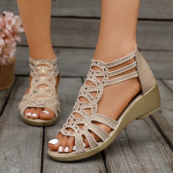 Women'S Chic Summer Sandals - Beige Openwork Design, Mid-Heel Platform, Synthetic Cover with Zipper Closure, Comfortable Open Toe Shoes for Casual Wear, Strappy Sandal - Image 7