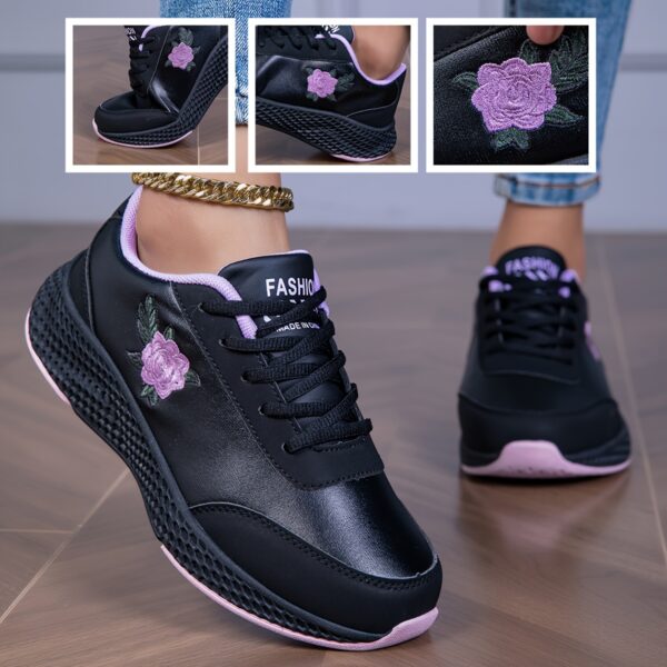 Women'S Black Sneakers with Pink Rose Embroidery - Lightweight, Soft Sole, Comfortable Lace-Up Low Top Sneakers, All-Season Outdoor Shoes, Stabilizing Support, Microfiber Leather Upper, EVA Sole, Fabric Lining, Allseason Sneakers | Rose Embroidery Sneakers | Comfortable Footwear