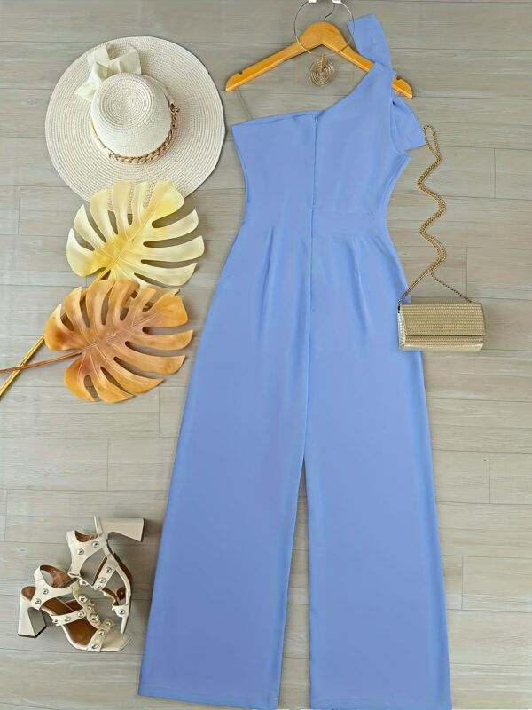 Women's Light Blue Single Shoulder Bow Wide-Leg Jumpsuit - Elegant Summer Beachwear with Adjustable Straps, Solid Color Non-Stretch Fabric for Casual Outings & Vacation Essentials, Beach Dress, Stylish Leisurewear, Smooth Texture - Image 3