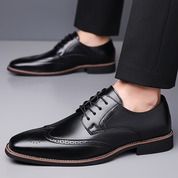 Men's Genuine Leather Brogue Derby Shoes - British Style Lace-Up Formal & Casual Dress Shoes with Round Toe, Breathable Perforations, Cushioned Insole & Non-Slip Rubber Sole for Weddings, Office, Daily Wear, Office Footwear, Elegant Footwear, Durable Construction, Business Attire - Image 4