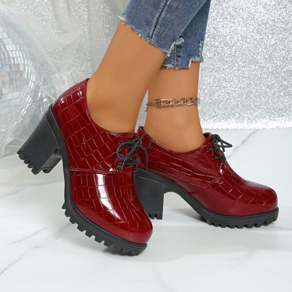 Women'S Fashion Lace-Up Pumps, Solid Color, Plain Toe, High Heel, Stone Pattern, Block Heel, with Polyurethane Upper, Fabric Lining, PVC Sole, Fabric Insole, for All-Season Versatile Shoes, from Huizhou North America & European Special