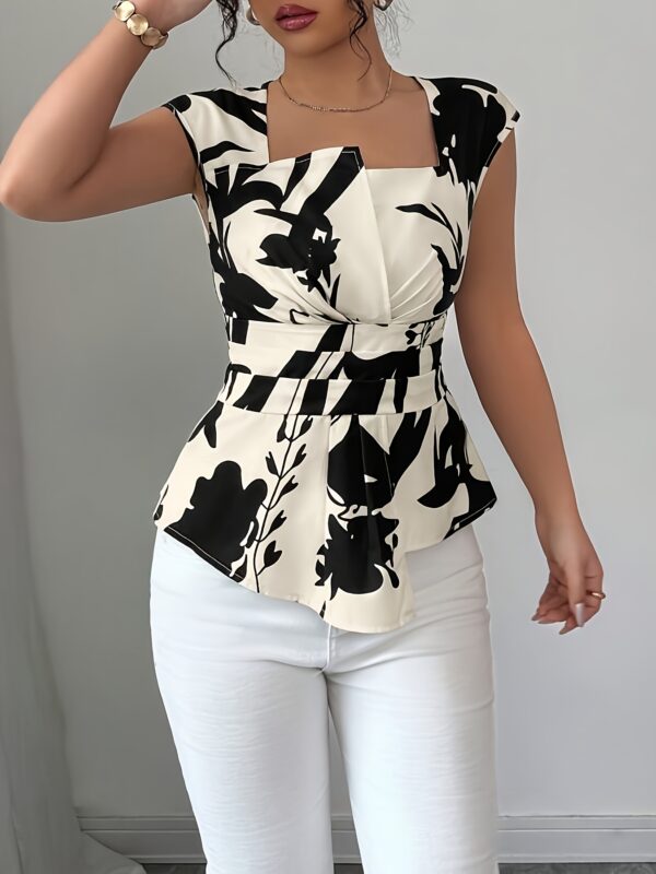 Elegant Women'S Floral Print Blouse with Ruched Detail - Sleeveless, V-Neck, White & Navy Blue Design, Perfect for Spring/Summer, Stylish and Versatile Top, Ladies Blouses - Image 10
