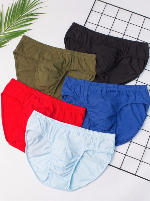 5pcs Men's Solid Color Breathable Cotton Mid-Waist Briefs, Comfortable Everyday Underwear - Random Colors - Image 3