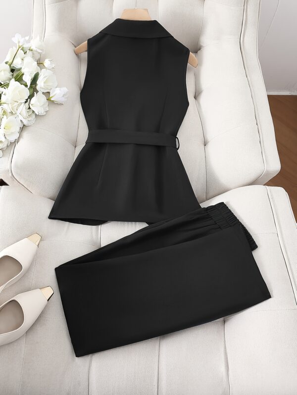 Women's Belted Suit Collar Sleeveless Top and Pants Fashion Commuter Set - Image 7