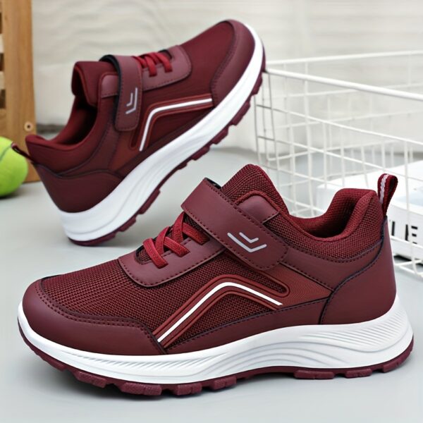 Women's Breathable Mesh Sneakers - Maroon Low-Top Casual Sneakers with Adjustable Hook-and-loop Fastener Strap & Laces, Comfortable Fabric Insole, All-Season Round Toe Design, Breathable Footwear | Stylish Mesh Sneakers | Adjustable Strap Sneakers - Image 9