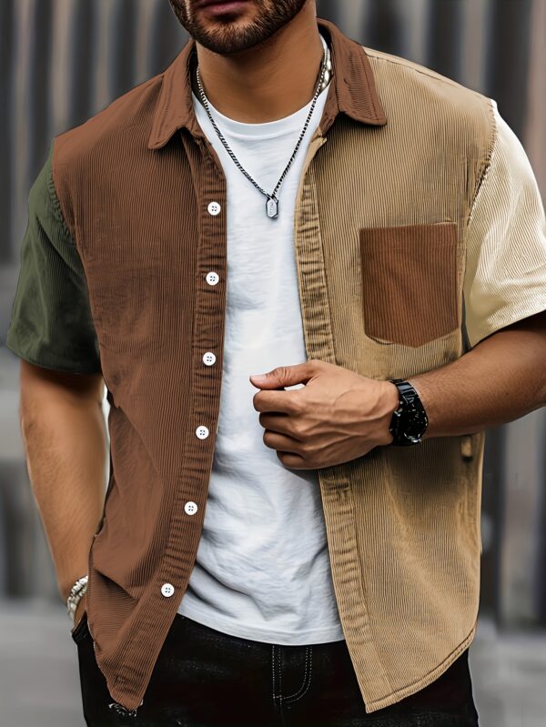 Men's Stylish Color Block Corduroy Button-Up Shirt with Chest Pocket - Short Sleeve, Olive Green & Beige Two-Tone Design, Casual Summer Wear for Everyday & Parties