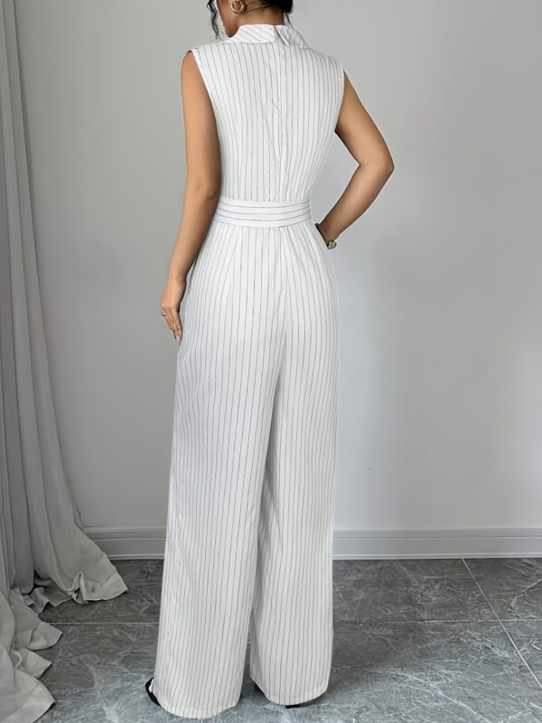 Elegant Striped Sleeveless Jumpsuit for Women - V-Neck, Belted Waist, Wide-Leg Pants, Casual Yet Chic Summer Outfit, White with Black Stripes, Belted Waist Jumpsuit - Image 5