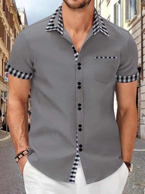 Men's Summer Short Sleeve Plaid Button Shirt with Patchwork Pockets Casual Shirt - Image 5