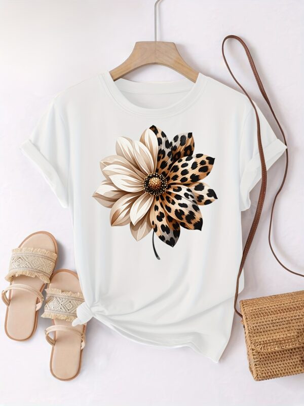 Women's Casual Short Sleeve T-Shirt - Floral & Leopard Print Round Neck Top, Breathable Spring Summer Blouse with Relaxed Fit, Hand Washable for Casual Attire, Short Sleeve Blouse, Comfortable Tee, Neutral Tone Top, Durable Casualwear - Image 2