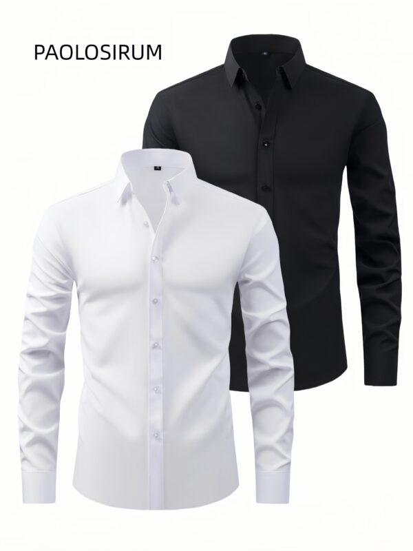 Two-Piece Set of Men'S Solid Color Elastic Shirts Ice Sliky Fiber Fabric Cool Shirts Breathable And Comfortable Business Casual Two-In-One Collar European And American Tops Men'S Clothing Multi-Color Optional Convenient Washing - Image 2