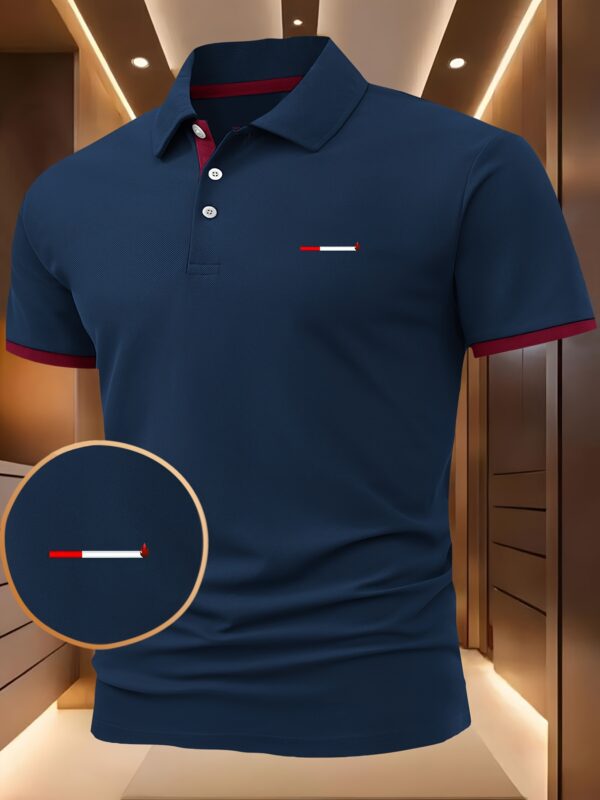 Men'S Navy Blue Geometric Print Polo Shirt - Casual Short Sleeve with Red Trim, Button-Up Collar, Lightweight & Breathable for Summer Outdoor Activities, Summer Casual Wear | Geometric Pattern Shirt | Comfortable Fit