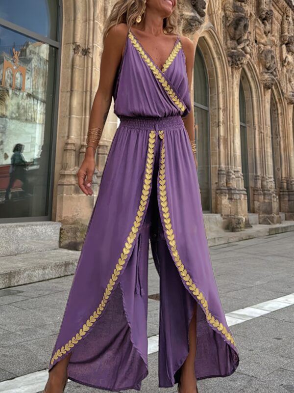 Women's Elegant V-Neck Sleeveless Jumpsuit with Golden-Tone Wide-Leg Pants - Lightweight Summer Machine-Washable Romper, Solid Color Versatile for Casual & Formal Occasions, Formal Wear, Nontransparent Fabric, Office Outfit, Breathable Material, Adult Clothing