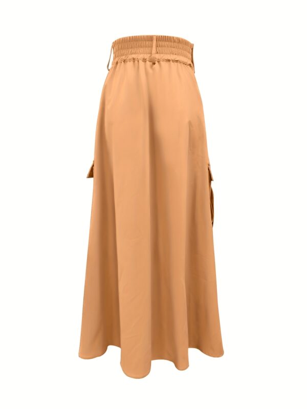 Women's Elegant High-Waisted Solid Midi Skirt, Stylish Button- Slit Utility Work Skirt with Elastic Waist and Large Pockets - Image 5