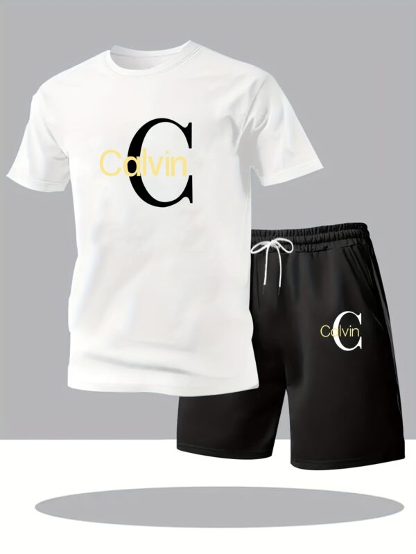 Men'S Comfortable Polyester Pajama Set - Casual Short Sleeve Crew Neck Top, Drawstring Jogger Shorts, Machine Washable